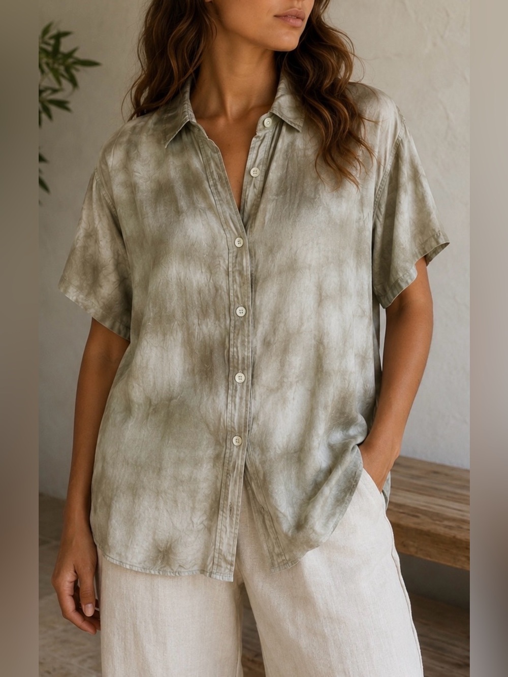 Silk Tie Dye Lounge Shirt Green Beige Relaxed Fit Size L